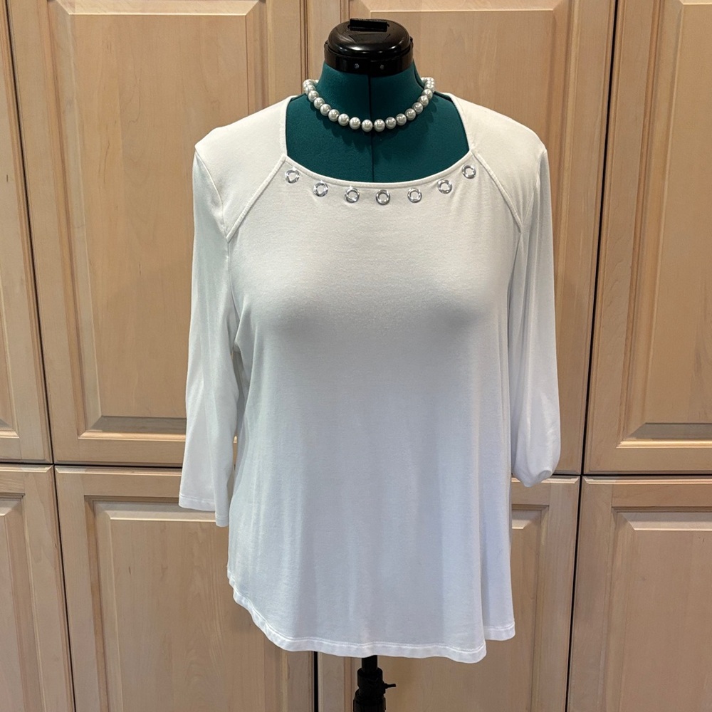Ruby Rd. White Long Sleeve Top with Gem Details
